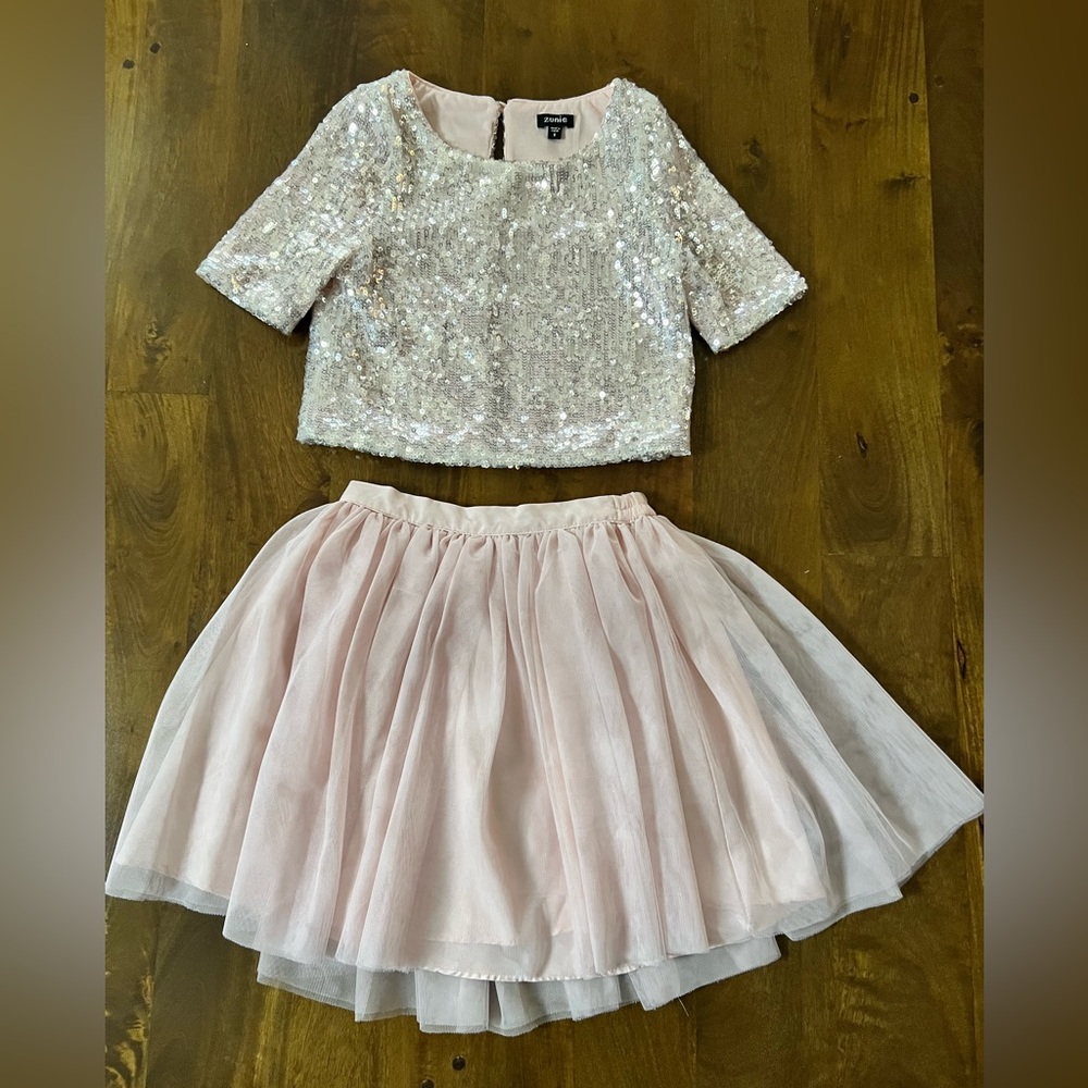 EUC Zunie Silver Sequin Top and Soft Pink Tulle Skirt